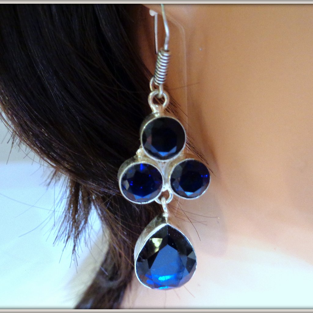 Blue Sapphire Handcrafted Silver Earring 6 Inches Length